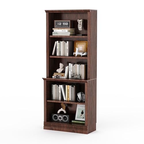 72 in Tall Bookcase, Dark Cherry 31.3 in Wide Floor Standing Bookshelf, 5 Tier Large Floor Standing Display Storage Shelves with Adjustable Shelves for Living Room Hallway Home Office Bedroom - color: Dark Cherry, size: 72in-5Shelf-MultiDepth