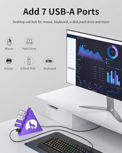 Deep Purple 7-Port USB 3.0 Hub, RGB Vertical Gaming USB Hub Tower with 5Gbps Data Transfer, 2FT Cable - USB Hub Splitter for PC, MacBook, Laptop, PS5, Flash Drives - color: Deep purple