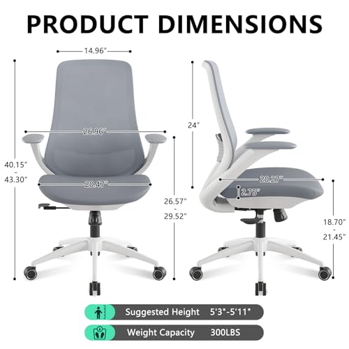 Ergonomic Office Chair, High Back Mesh Desk Chair with Lumbar, Grey | 360° Swivel & Slide-Adjustable Arms, Tilt Lock & Recline, Breathable Task Chair for Home Office, Gaming & Desk Work, 300LBS