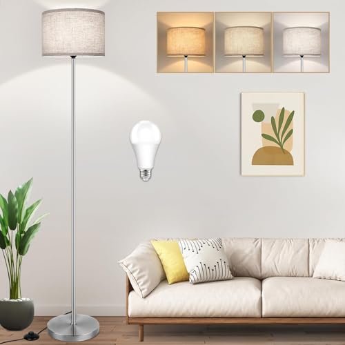 65‘’Modern Simple Floor Lamp Foot Switch, Silver Standing Lamp for Living Room with 3-Color Changing LED Bulb, Dimmable LED Floor Light for Bedroom Kid Office, Stand Up Lamp with Linen Shade, E26 Base - color: Silver+Cream(Shade)