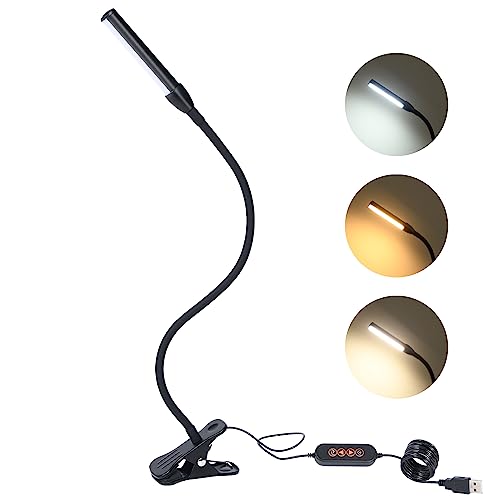 Clip on Reading Lamp, Clip Light, Warm & Daylight & White Light 3 Colors, Eye-Care Clamp Lamp with 10 Dimmable Illumination Modes