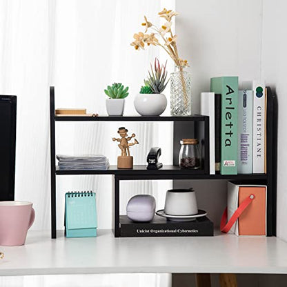 Desktop Adjustable Natural Wood Book Shelf Organizer Office Storage Rack Display Stand Caddy Set Expandable Desk Organizer (Black) - color: Black