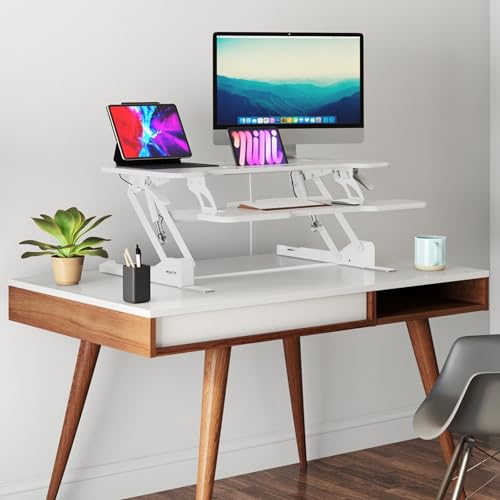 Mount-It! Standing Desk Converter White 38” Wide Height Adjustable Stand Up Desk Riser, Desk Topper with Gas Spring, Desktop Standing Desk with Keyboard Tray Fits Two Monitors - color: White, size: 38 Inches