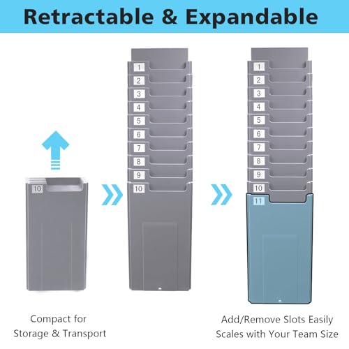 NADAMOO 10-Slot Time Card Holder, Wall-Mounted, Retractable and Expandable Plastic Punch Card Rack, Compatible with Time Clock and Attendance Recorder for Office Business, Grey.