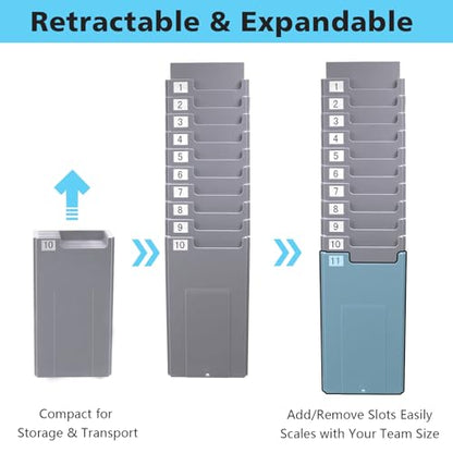 NADAMOO 10-Slot Time Card Holder, Wall-Mounted, Retractable and Expandable Plastic Punch Card Rack, Compatible with Time Clock and Attendance Recorder for Office Business, Grey.