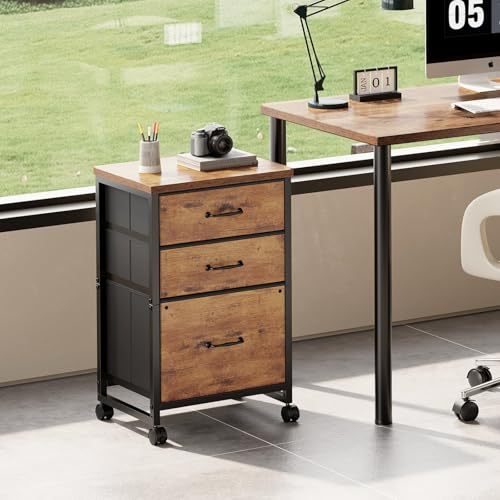 Maihail 3 Drawer File Cabinet with Wheels with Open Storage Shelf, Rustic Brown2 - color: Rustic Brown2