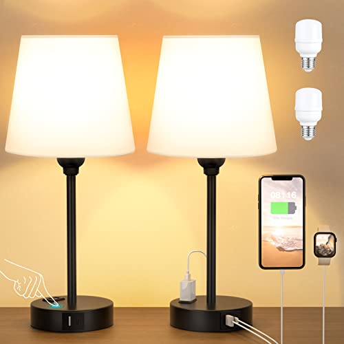 White Bedside Lamps Set 2 for Bedroom - Dimmable Touch, USB C+A, AC Outlet | 14.5" Mini Lamp, 3-Way Dimmable, LED Bulbs Included, White Barrel Fabric Lampshade, Nightstand Light for Guest Room, Kids - color: White