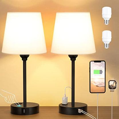 White Bedside Lamps Set 2 for Bedroom - Dimmable Touch, USB C+A, AC Outlet | 14.5" Mini Lamp, 3-Way Dimmable, LED Bulbs Included, White Barrel Fabric Lampshade, Nightstand Light for Guest Room, Kids - color: White