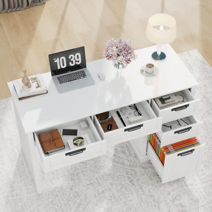 Halitaa 55" Farmhouse Home Office Desk with File Drawer, Executive Computer Desk with 4 Storage Drawers, Rustic Computer Desk for Working, Studying, Writing（White