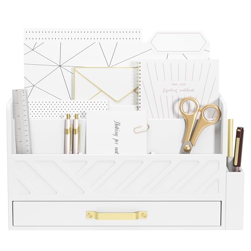 Bamboo Mail Organizer Countertop Pen Holder Wooden Desktop Storage Drawers | Wood Desk Drawer,Letter Sorter,Makeup Organizer,Bill Mail Organizer,5 Slot Desk File Organizer for School Home Office Supplie - color: White with Pen Holder