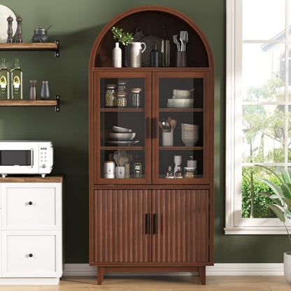 Arched Cabinet with Glass Doors, Fluted Pantry Cabinet with Solid Wood Legs - color: Walnut, size: Tall Arched - 15.7"D x 31.1"W x 70.8"H