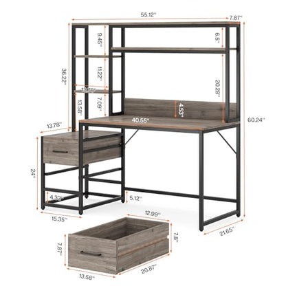 Tribesigns 55 Inch Computer Desk with 2 Drawers and Storage Shelves, Rustic Office Desk with Hutch, Study Writing Gaming Table Laptop Workstation for Home Office (Grey) - color: Grey