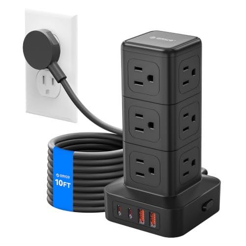 ORICO 10FT Extension Cord with 12 AC Outlets 4 USB, Surge Protetctor Power | Power Strip Tower, Outlet Extender, 20W Fast Charge Desk Accessories for Home Office Dorm - color: Black, size: 10FT