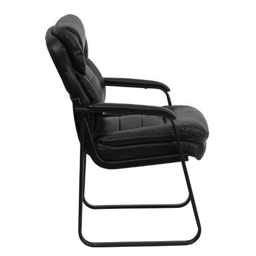 EMMA + OLIVER Black LeatherSoft Side Chair with Lumbar Support and Sled Base - color: Black Leathersoft