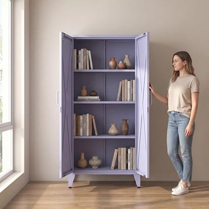 Purple Metal Pantry Cabinet with Lock,Freestanding Steel Storage Locker with 3 Adjustable Shelves,Heavy Duty Metal Storage Cabinet for Kitchen, Living Room,Laundry,Garage 61" H X 27.6" W X 13.8" D - color: Purple, style: 61"H-Cabinet-DX