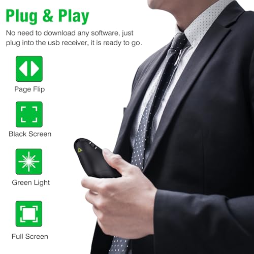 DinoFire Green Presentation Clicker Wireless Presenter Remote, RF 2.4GZ Rechargeable USB Slide Clicker for Powerpoint Presentation Computer Laptop - style: Rechargeable+USB+Green