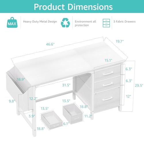 Lufeiya White Desk with File Drawers Cabinet, 47 Inch Reversible Computer Desk with Fabric Filing Cabinet for Bedroom Small Space Home Office, Modern Writing Table PC Desks, White - color: White, size: 46.6"