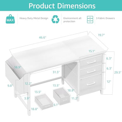 Lufeiya White Desk with File Drawers Cabinet, 47 Inch Reversible Computer Desk with Fabric Filing Cabinet for Bedroom Small Space Home Office, Modern Writing Table PC Desks, White - color: White, size: 46.6"