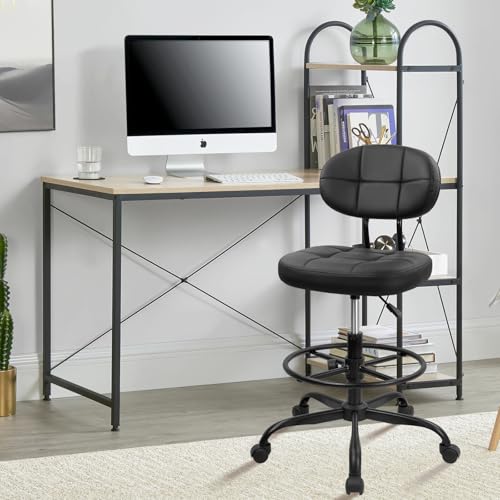 Drafting Stool with Backrest, Tall Adjustable Height Office Chair, PU Leather Swivel Rolling Stool with Footrest & Wheels for Standing Desk, Bar, Salon, Spa, Lab, Counter, Home, Black，1PK - color: Black With Backrest, size: 1PK