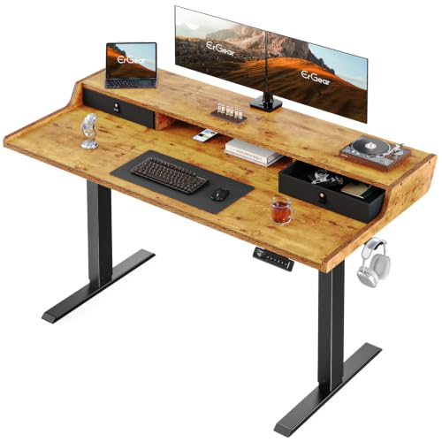 ErGear Electric Standing Desk with Drawers, 55″ x 28″ Gaming Table Compatible Monitor Stand, Stand up Desks, Home Office Height-Adjustable Desk with Storage Shelf, 4 Preset Heights, Vintage Brown - color: Vintage Brown, size: 55" X 28"