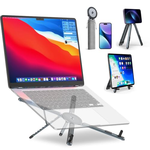 Portable Laptop Stand for Desk, 3-in-1 Adjustable Holder | MagSafe Compatible Foldable Design, 8-Level Height & Angle, Aluminum Alloy, Suitable for 10-16” Laptops (Gray) - color: gray