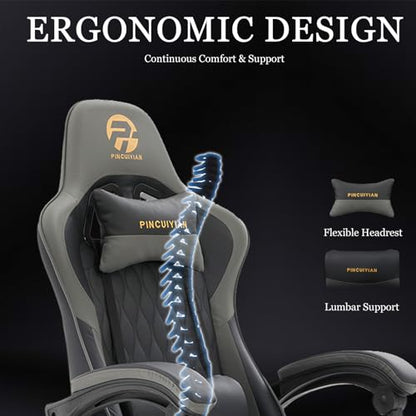 Ergonomic Gaming Chair with Footrest and Lumbar Support, High Back Reclining PU Leather Computer Chair with Headrest and Linkage Armrests, Swivel Height Adjustable Office Gamer Chair for Adults (Gray)