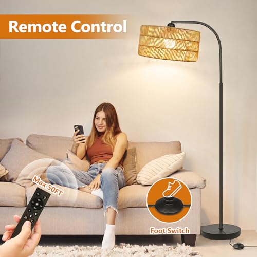 Brilvibera Boho Floor Lamp for Living Room with Remote Control | Rattan Standing Lamps with Dimmable Bulb, Adjustable Rattan Lamp Shades Bohemian Over Couch Lamps for Bedroom, Office - style: Modern-Black