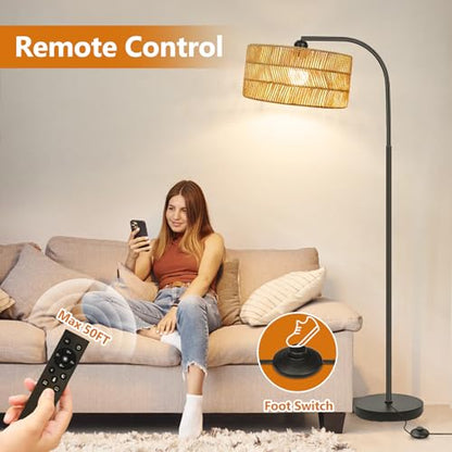 Brilvibera Boho Floor Lamp for Living Room with Remote Control | Rattan Standing Lamps with Dimmable Bulb, Adjustable Rattan Lamp Shades Bohemian Over Couch Lamps for Bedroom, Office - style: Modern-Black