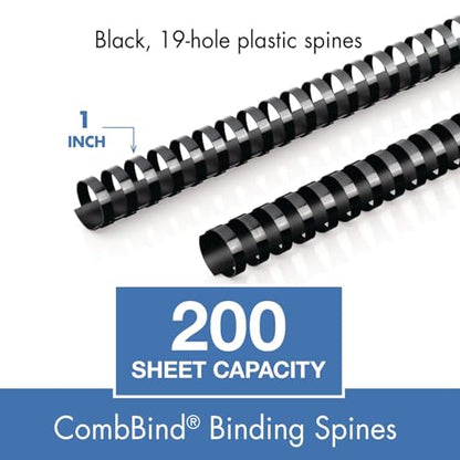 Mead CombBind Binding Spines/Spirals/Coils/Combs, 1", 200 Sheet Capacity, Black, 125 Pack (4000137) - size: 1"