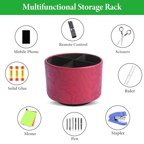 Round Leather Art Supply Organizer,Remote Control Holder,360 Degree Spinning,Multi-Functional Pencil Holder,4 Compartments Desktop Stationary Organizer(1-Carved Red) - color: 1-Carved Red