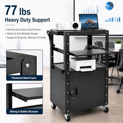 Height Adjustable Mobile AV Cart with Lockable Cabinet, Heavy Duty Rolling Presentation Workstation with Power Outlet & USB Ports, Pull-Out Laptop Tray for Office Classroom Home - size: 24x18x41.5in