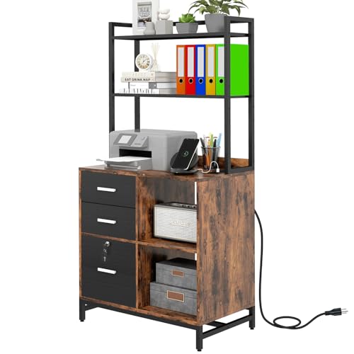 Filing Cabinet with Charging Station, Files Cabinet with Shelves | 3 Drawer Office Organization, Printer Stand with Storage Shelves for Home Office, Lockable File Cabinets for Letters, Brown - color: Brown