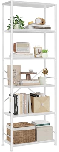 Furologee 6 Tier Book Shelf, Tall Wide Bookshelf, Modern Open Bookcase, Display Shelves Storage Organizer, Shelving Unit for Living Room, Home Office, Bedroom, Kitchen, White | 20'' Wide Industrial Storage Shelves with X Crossbar, Shelving Units for Bedro