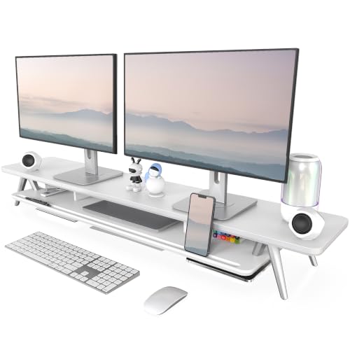Fenge Dual Monitor Stand Riser, Wooden Desk Shelf with 2-Tier Storage | 47.3-Inch Extra Wide, Sturdy Aluminum Legs, Built-In Phone & Tablet Slot, Desktop Organizer for Office Accessories - color: White, size: 47.2 Inch