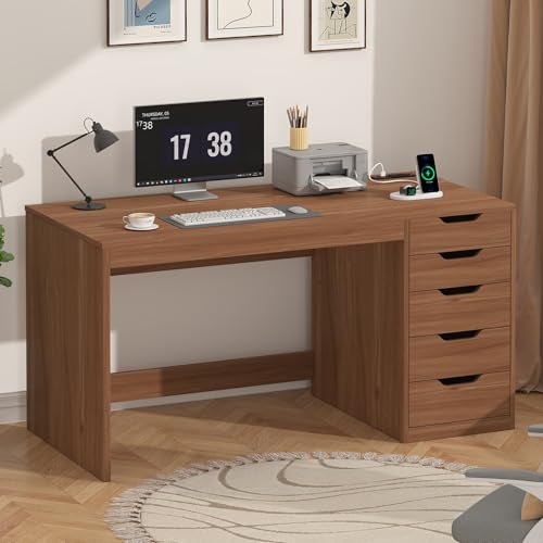 47 Inch Computer Desk with 5 Drawers and Power Outlets for Small Spaces - color: Brown, size: 47inch-5drawers