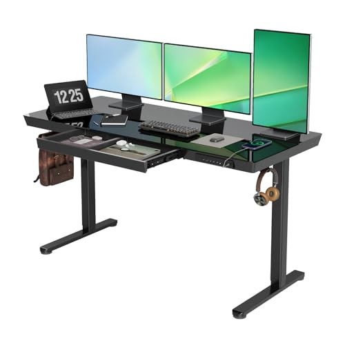 INNOVAR Glass Standing Desk with Drawers & USB Ports,55 inch Whole-Piece Glass Top Adjustable Height Desks, Quick-Install Electric Sit-Stand Up Desk for Home Office & Computer Workstation, Black - color: Black, size: 55 inch with USB