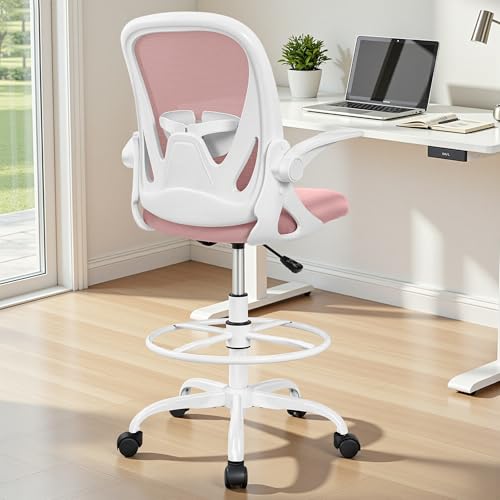 Primy Drafting Chair Tall Office Chair with Flip-up Armrests Executive Ergonomic Computer Standing Desk Chair with Lumbar Support and Adjustable Footrest Ring (Rose Quartz) - color: Rose Quartz, size: 934-Z