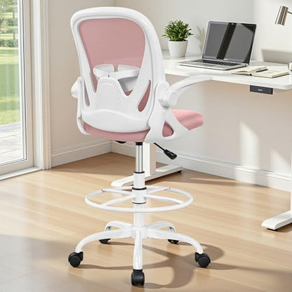 Primy Drafting Chair Tall Office Chair with Flip-up Armrests Executive Ergonomic Computer Standing Desk Chair with Lumbar Support and Adjustable Footrest Ring (Rose Quartz) - color: Rose Quartz, size: 934-Z
