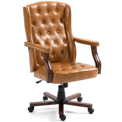 ECOTOUGE Ergonomic Executive Office Chair, Tufted Faux Leather Home Office Desk Chair, Vintage Wingback Swivel Work Chair, Classic Retro Computer Chair, Brown - color: Brown