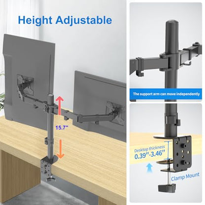 Dual Monitor Mount for 17-27 Inch Monitors up to 17.6 lbs, Desk Clamp