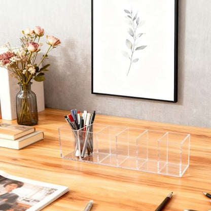 5 Pcs Clear Pencil Holder 6 Compartments Acrylic Cosmetic Brush Storage Box Pencil Cup Stationery Holder Makeup Brush Organizer for Bathroom Kitchen Dorm Office Desk Accessories