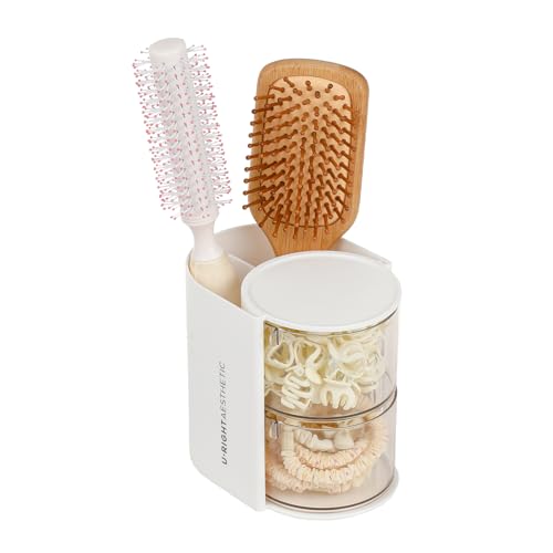 FABROK 2-Layer Clear Hair Accessories Organizer with Hair Brushes Holder, Rotatable Small Jewelry Box for Necklaces、Earring, Desktop Organizer Case for Makeup Brushes, Hair Accessories, Cotton Swab - color: White, size: 2-Layer