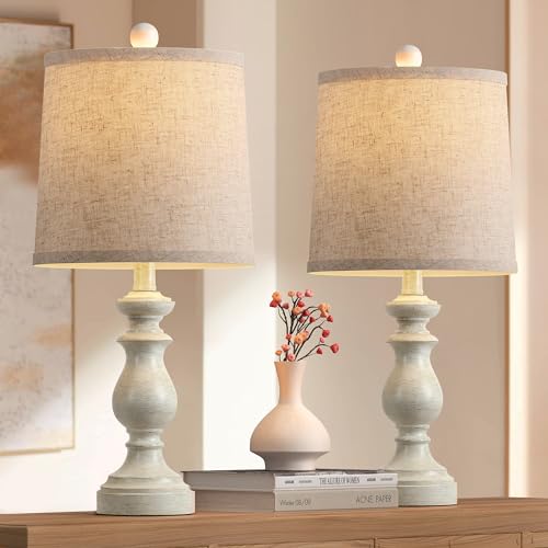 Traditional Table Lamp Set of 2, Rustic Farmhouse Table Lamps for Living Room Bedroom, 22" Bedside Desk Lamps Vintage Nightstand Lamps with Linen Shades, Antique White - color: Antique White