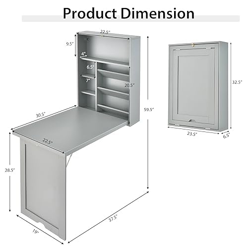 Wall Mounted Desk, Wood Collapsible Floating Desk, Convertible Computer Desk with Storage Area, Hanging Fold Out Table for Home Office, Small Spaces (Grey) - color: Grey