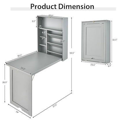 Wall Mounted Desk, Wood Collapsible Floating Desk, Convertible Computer Desk with Storage Area, Hanging Fold Out Table for Home Office, Small Spaces (Grey) - color: Grey