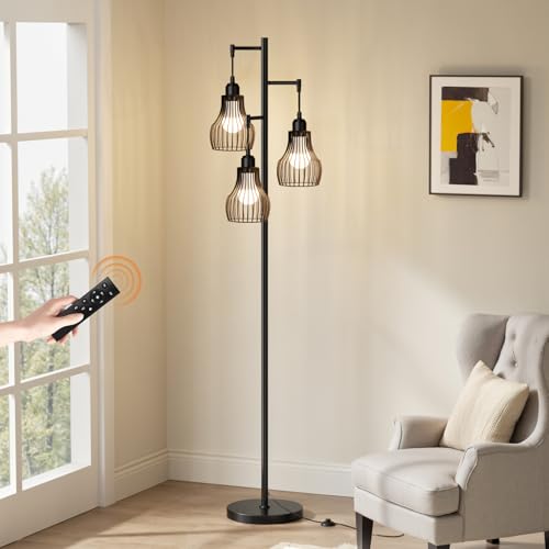 Ziisee Dimmable Floor Lamps for Living Room, Farmhouse Tree Standing Tall Lamp with Remote Control 3 Elegant Cage Shade LED Bulbs for Bedroom Office - Black - color: Black(Remote)
