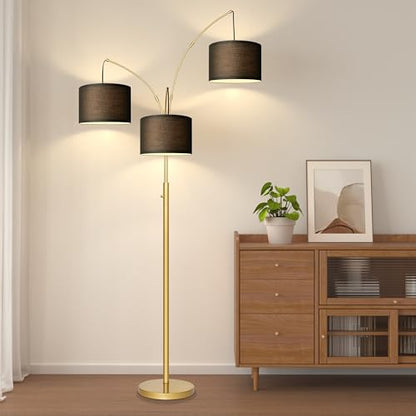 Dimmable Floor Lamp, 3 Lights Gold Arc Floor Lamp, Modern Tall Standing Tree Lamp with Black Linen Shades & Heavy Base, 3000LM LED Bulbs, Bright Lighting for Living Room, Bedroom, Office & Reading - color: Gold-Black Shade