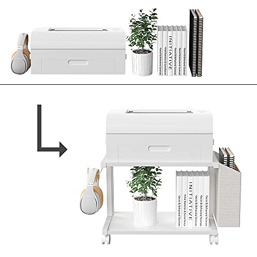 VEDECASA 2 Tier Modern White Wooden Under Desk Printer Stand with Storage Bag for Home Office Desktop Printer Table Organizer Mobile Printer Shelf Cart with Caster Wheel (White) - color: White