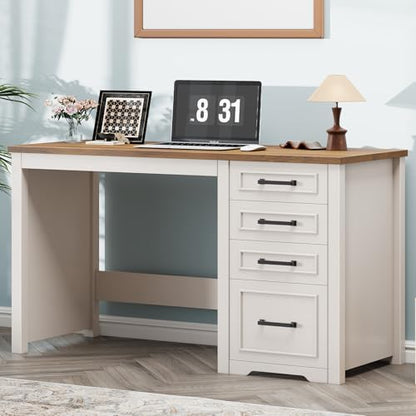 Vabches Farmhouse 49” Executive Desk with File Drawer, White Brown | 4 Drawers Reversible Computer Desk with Storage, Rustic Home Writing Workstation for Home Office - color: 49in White Brown