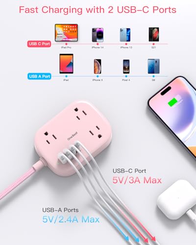 Cruise Essentials 2026, Travel Power Strip with USB C,Flat Plug, Pink - color: Pink, size: 10Ft